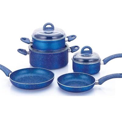 China Sustainable 8 Pcs Pressed Aluminum Blue Marble Coating Cookware Sets Casserole Pan Fry Pan With Bakelite Handle for sale