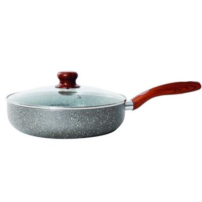 China Non-Stick Sustainable Granite Pressed Marble Stone Coating Frying Pan with Glass Lid and Wooden Handle for sale