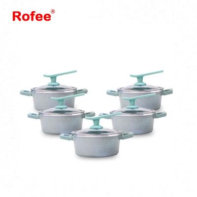 China Sustainable 10 Pcs Die Casting Aluminum Marble Coating Cookware Set Deep Shallow Casserole With Silicon Ear And Knob for sale