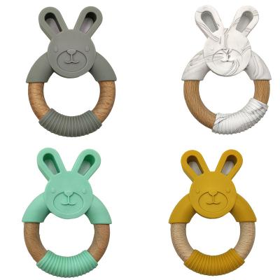 China Soft Toy Hot BPA Free Baby Teething Animal Rabbit Wooden Baby Toys Silicone Teether for sale