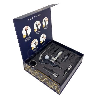 China Remove Wine Cork Gift Box Black Magnetic Corkscrew Manual Lever Cork Opener Red Wine Bottle Cork Screw Silver Rabbit Wine Opener Set for sale