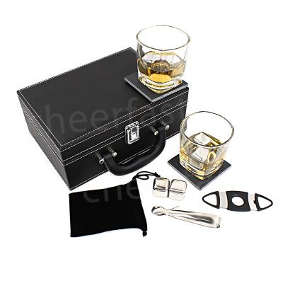 China Support Amazon DDP Warehouse Fast Shipping Whiskey Metal Ice Cube Stone Pu Cooling Leather Box Gift Set Whiskey Stones Glass Set for sale