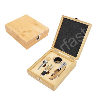 China Viable Personalized Bamboo Wooden Box 4 Pieces Wooden Accessories Wine Bottle Opener and Bamboo Stopper Bamboo Set for sale