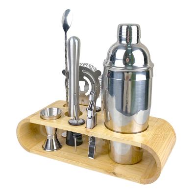 China 25 Ounces Perfect Viable Shaker Bartender Kit For Home And Bar Tools With 10Pcs Cocktail Shaker Set Stand Wooden Rack Silver Stainless for sale