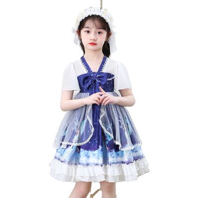 China Summer Breathable Dark Blue Dress Cute Kids Tutu Dresses For Girls Flower Mesh Multilayer Party Use Dresses For Girls for sale