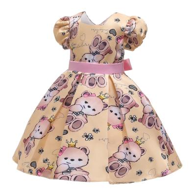 China Anti-wrinkle cute little bear kids princess dress love printing 2-10 years party girl evening dress bubble sleeve for sale