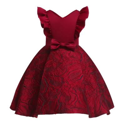 China European Princess Slim Dress Anti-wrinkle Fashion Jacquard V-Neckline Flight 2-9 Years Old Girl Party Red Dress for sale