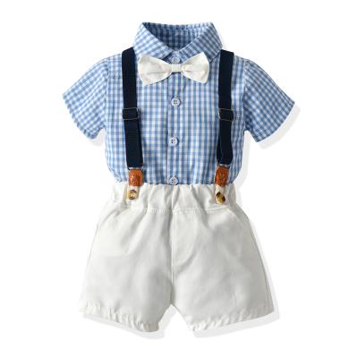 China Casual boy's plaid bow decoration summer suit, children's boy's gentleman cotton short-sleeved bib two-piece suit for sale