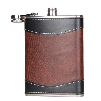 China CLASSIC 8 Oz Pocket Leather Wrapped Stainless Steel Hip Flask Brown Flasks For Liquor And Funnel for sale