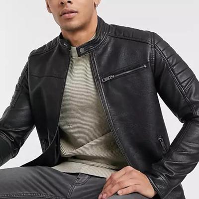 China High Fashion QUICK DRY Men's Solid Color Casual Slim Stand Collar Motorcycle Leather Pu Jacket Long Sleeve Adult Man Leather Jacket for sale