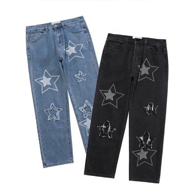 China QUICK DRY Stretch Cotton Washed Mens Straight Denim Pants Fashion Streetwear Trousers Graffiti Printing With Destroy Denim Pant Men for sale