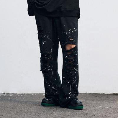 China anti-wrinkle popular china supplier printed personality ripped straight pants simple distressed mens pants for sale