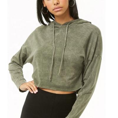 China Anti-wrinkle women OEM custom crop top casual wash solid color drawstring fashionable crop top hoodie for sale