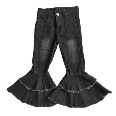 China High Quality Bleached Black Denim Ruffles Kids Girls Jeans Breathable Double Bell Bottom Pants With Zipper for sale