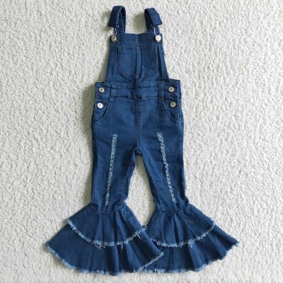 China New Arrival High Quality Breathable Girl's Blue Jumpsuits With Double Ruffles Kids Fashion Jeans for sale