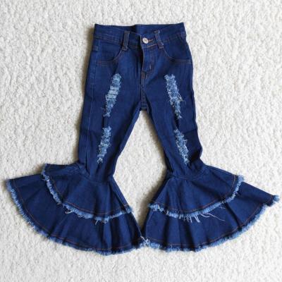 China QUICK DRY kid girl ready to ship NO MOQ 2 ruffles denim pants stretch jeans wholesale boutique clothing for sale