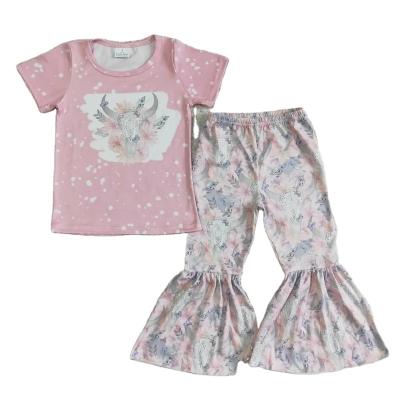 China Wholesale Cow T-shirt Casual Pink Mountain Bell Bottom No MOQ RTS Girls Clothing Sets Little Girl Boutique Clothes Baby Dressing Sets for sale