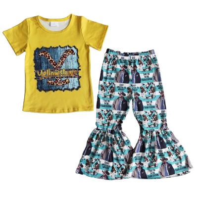 China Spring anti-static yellow stone short-sleeved flared pants suit children's clothing sets boutique girls' dresses for sale