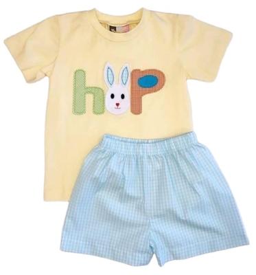 China Casual Yellow Rabbit Design Printing Bunny Boy Clothing Easter Plaid Pants Summer Blue Baby Boy Set 2 Pcs Suit Children Clothing Baby Clothes for sale