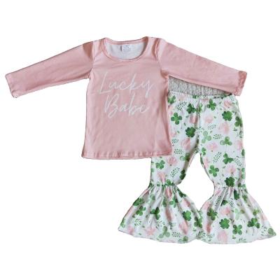 China New Casual Spring Lucky Babe Kids Wear Four Leaves Pink Floral Pants Infant Baby Girl Outfits St Patrick's Day Children's Clothes for sale