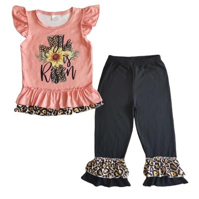 China Babies Easter Day Formal Leopard Cross And Sunflowers Print Top Match Black Pants 2pieces Set for sale