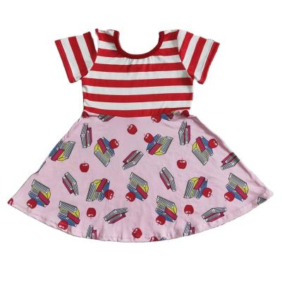 China Wholesale Breathable RTS Babies Fashion Back To School Shorts Sleeve Stripe Skirt Apple Book Shop Knee Length Twirl Top Dresses for sale