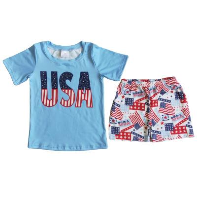 China Summer Sweet Holiday USA 4th of July Merica Boy Stars Flag Print 'Blue Glass Holiday Boutique Set Clothes RTS NO MOQ for sale