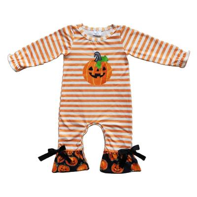 China Sweet Pumpkin Halloween Girl Closing Long Sleeve Bow Orange Striped Button Design 4xs-s Dark One Piece Romper for sale