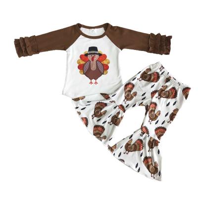 China Girls Fashion Turkey Outfit Boutique Girls' Thanksgiving Day 2pcs Set Babies Formal Kids Sleeves Shirt And Bell Bottom Pants Outfit Brown for sale