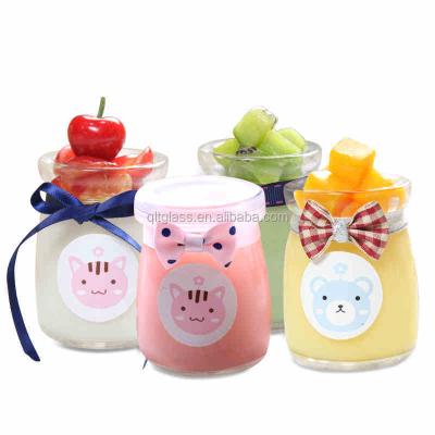 China Lovely Mouth Food 50ml 100ml 200ml Dessert Cup Mini Wide Pudding Cap Cute Glass Jar Bottle for sale