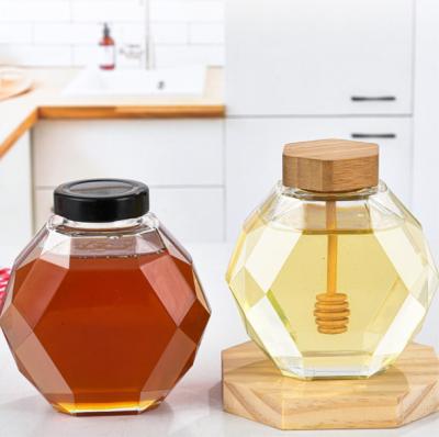 China Empty Personal Care Hexagonal Honey With Cork Food Grade Glass Wooden Packaging Sealed Hexagonal Honey Jars Boxes for sale