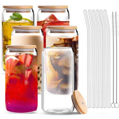 China Amazon hot sale 480ml 16oz sublimation clear beer can shaped glass cans printed cola glass mugs with lid and bamboo straws for sale