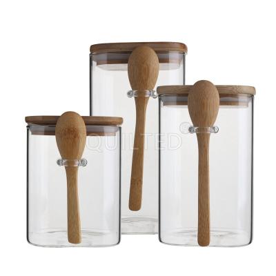 China Minimalist High Borosilicate Glass Containers Fit Lid Wooden Jar With Spoon And Bamboo Lid 2000ml for sale