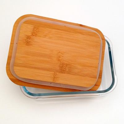 China Viable Storage Bamboo Microwave Bento Food Container Borosilicate Tray Airtight Glass Cooking Uses for sale