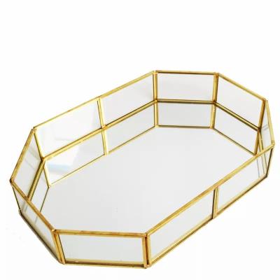 China 2021 New Perfume Glass Mirror Home Decor Metal Pallet Silver Metal + Glass Mirror Tray Vanity Trays for sale