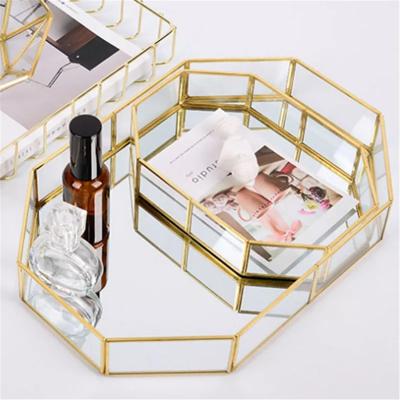 China Metal + Glass Mirror Tray Vanity Trays Wholesale Metal Palette Makeup Set Glass Mirror Decor for sale