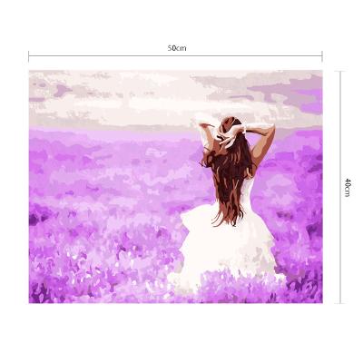 China DIY Modern Pretty Girl In The Purple Flowers Sea Pictures Wall Artcrafts Oil Painting By Number Home Decoration Canvas for sale