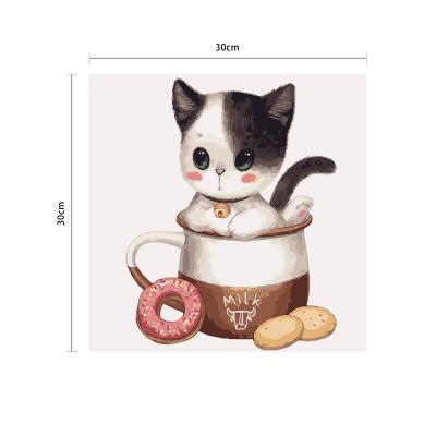 China Eco-Friendly Cute Kids Christmas Gift For Adults Children Easy Instruction Cute Teacup Cat DIY Digital Painting By Numbers Kits On Canvas for sale