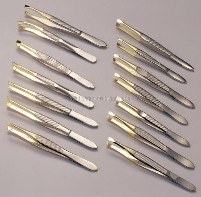 China Gold Nickel Plating Semi Curved Angled Eyebrow Tweezers And / Stainless Steel Tweezers for sale