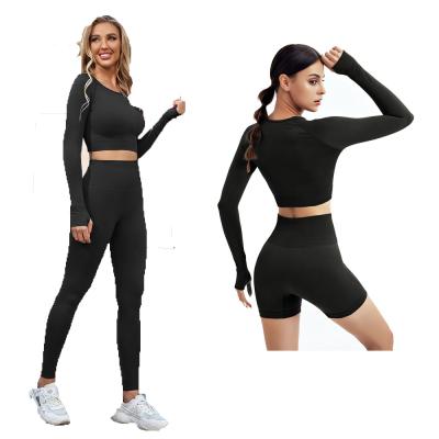 China Low MOQ Solid Color Breathable Seamless Ribbed Workout Sets Breathable Comfortable Yoga Sets High Waist Butt Lift Shorts Gym Fitness Sets for sale