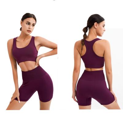 China Wholesale Breathable Seamless Knitted Workout Sets Outdoor Yoga Runner Bras Sets High Control Back Print Shockproof Belly Sets for sale