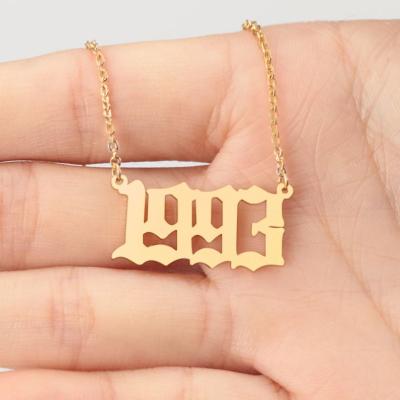 China CLASSIC Arabic Year Number 18k Gold Stainless Steel Birth Year Pendant Necklace Personalized Old English Rhinestone Dangle Necklaces for sale