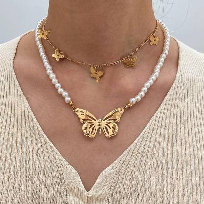 China Fashionable Layered Butterfly Heart Necklace Double Layered Beads Necklace Pendant For Women Girls for sale