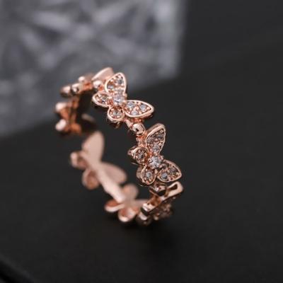 China Wholesale Nickel Free Rose Gold Zircon Butterfly Ring Ladies Silver Adjustable Crystal Open Ring Butterfly Ring Stainless Steel for sale