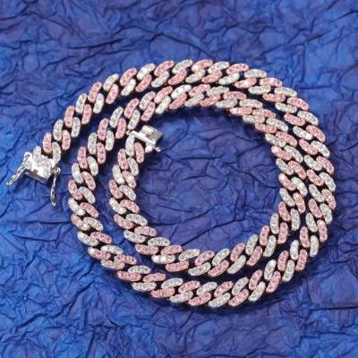 China New Hiphop Fashion 8mm Pink Cubic Cuban Chain Rose Gold Plated Platinum Necklace For Women for sale