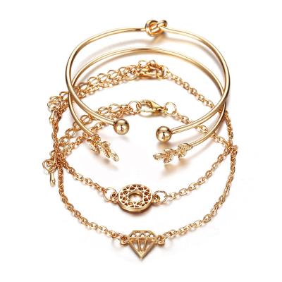 China Trendy 4 PCS/Set Diamond Round Leaf Charm Bracelet Sets Chain Bracelets Gold Plated Kids Jewelry for sale