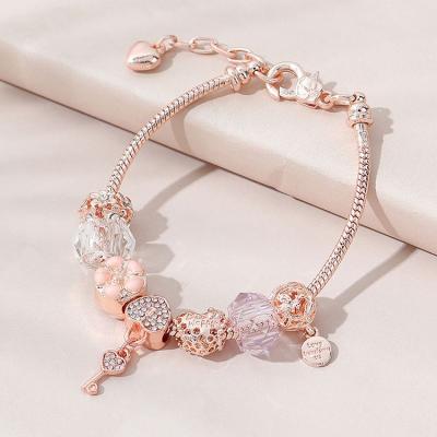 China Luxury Lead Free Nickel Free Charm Dangle Women's Rose Gold Plated Crystal Key Bracelet Heart Shape Bracelet for sale