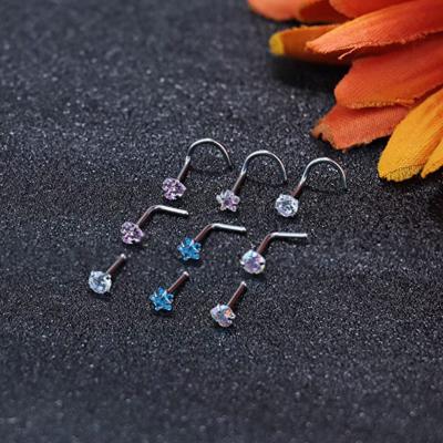 China Piercing Jewelry Crystal Nose Stud Hooks Lead/Nickel Free Stainless Steel Nostril L Shape Crystal Nose Ring for sale