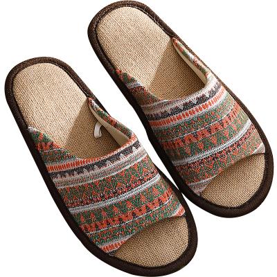 China Autumn Flip Flops Female Linen Slides Breathable Spring Striped Breathable Slippers Women Indoor Casual Home Slippers for sale