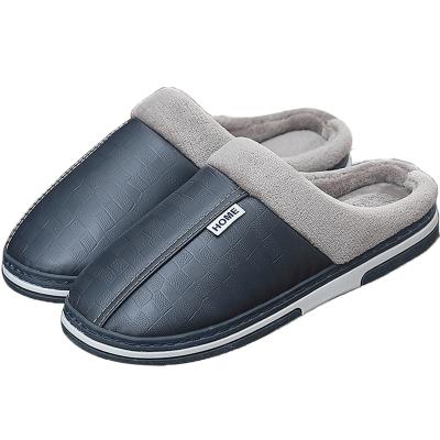 China Men's Waterproof Leather Winter Slippers Warm Shoes Sewing Ladies Unisex Home Plush Slippers Fur Indoor Slippers for sale